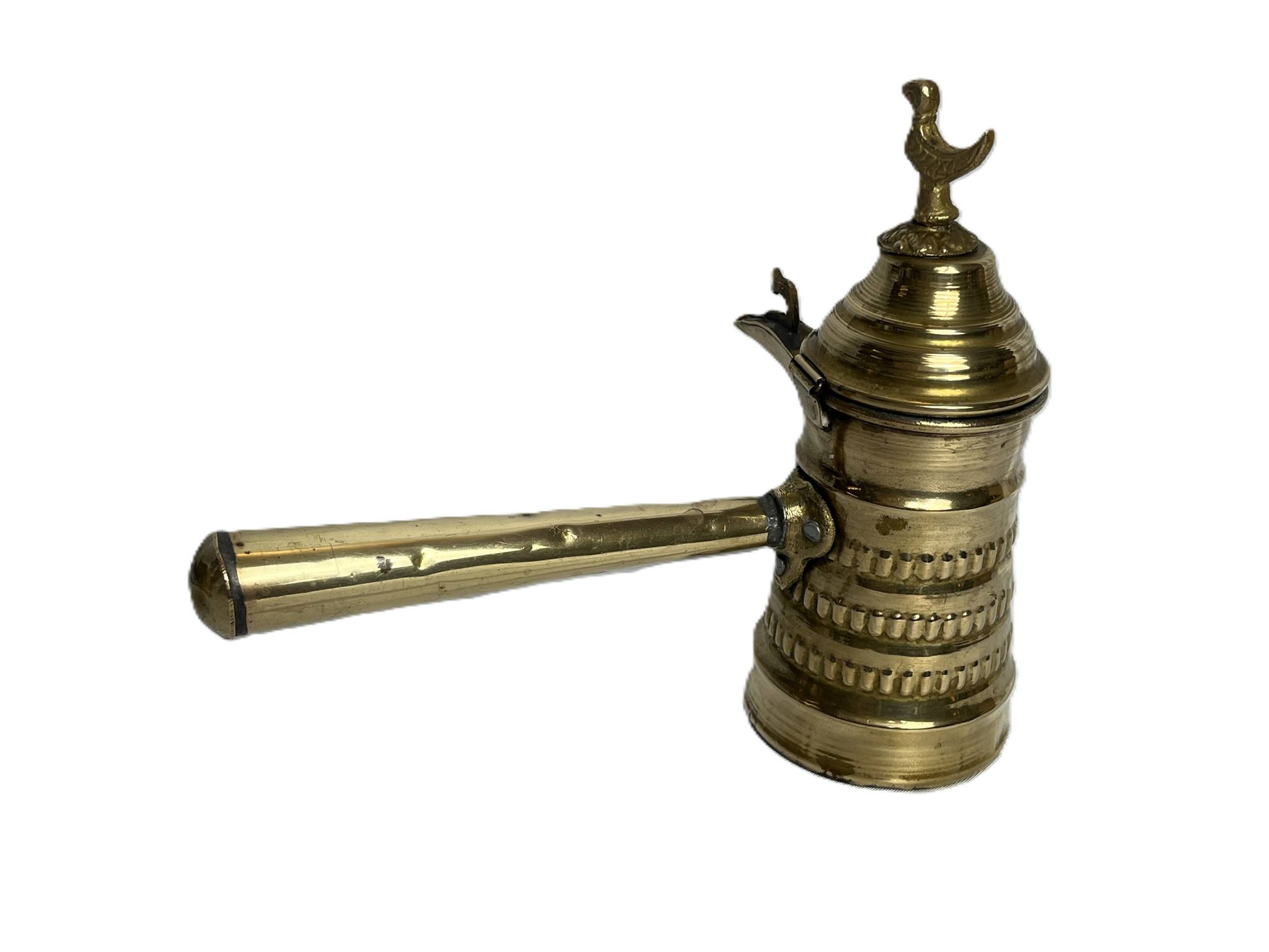 Brass dallah coffee pot with bird-shaped finial, 20th century.
