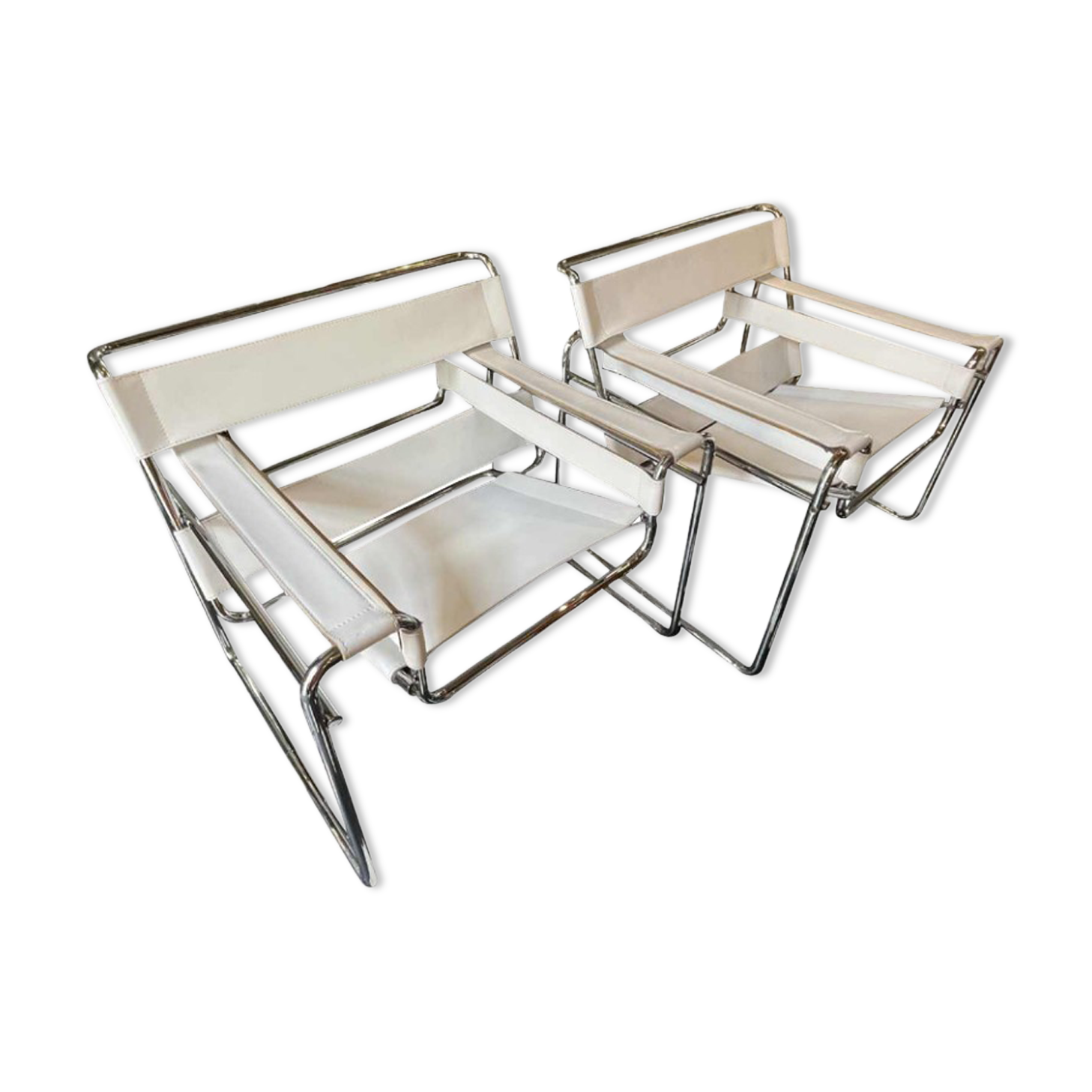 Pair of leather and steel armchairs by marcel breuer for gavina, " wassily b3 "