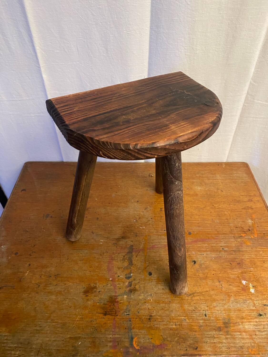 Antique milking stool tripod wood half moon seat vintage