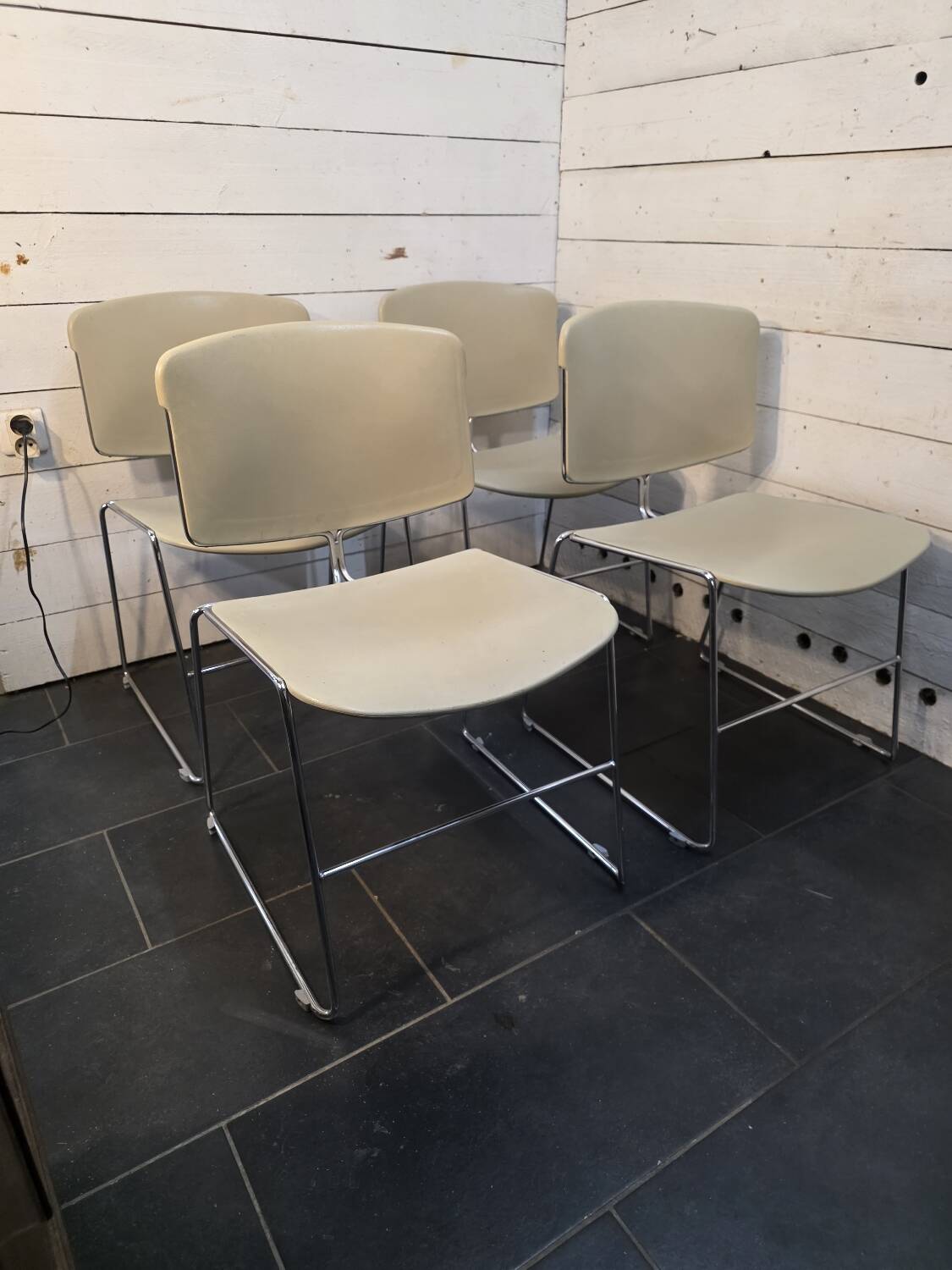 4 Max Stacker chairs in chrome metal from the 1970s.