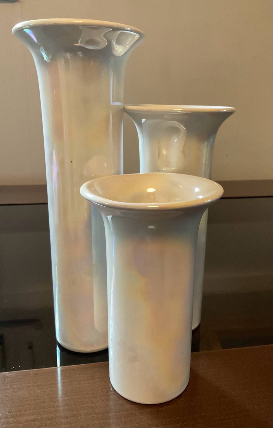 Trio of vintage iridescent ceramic vases