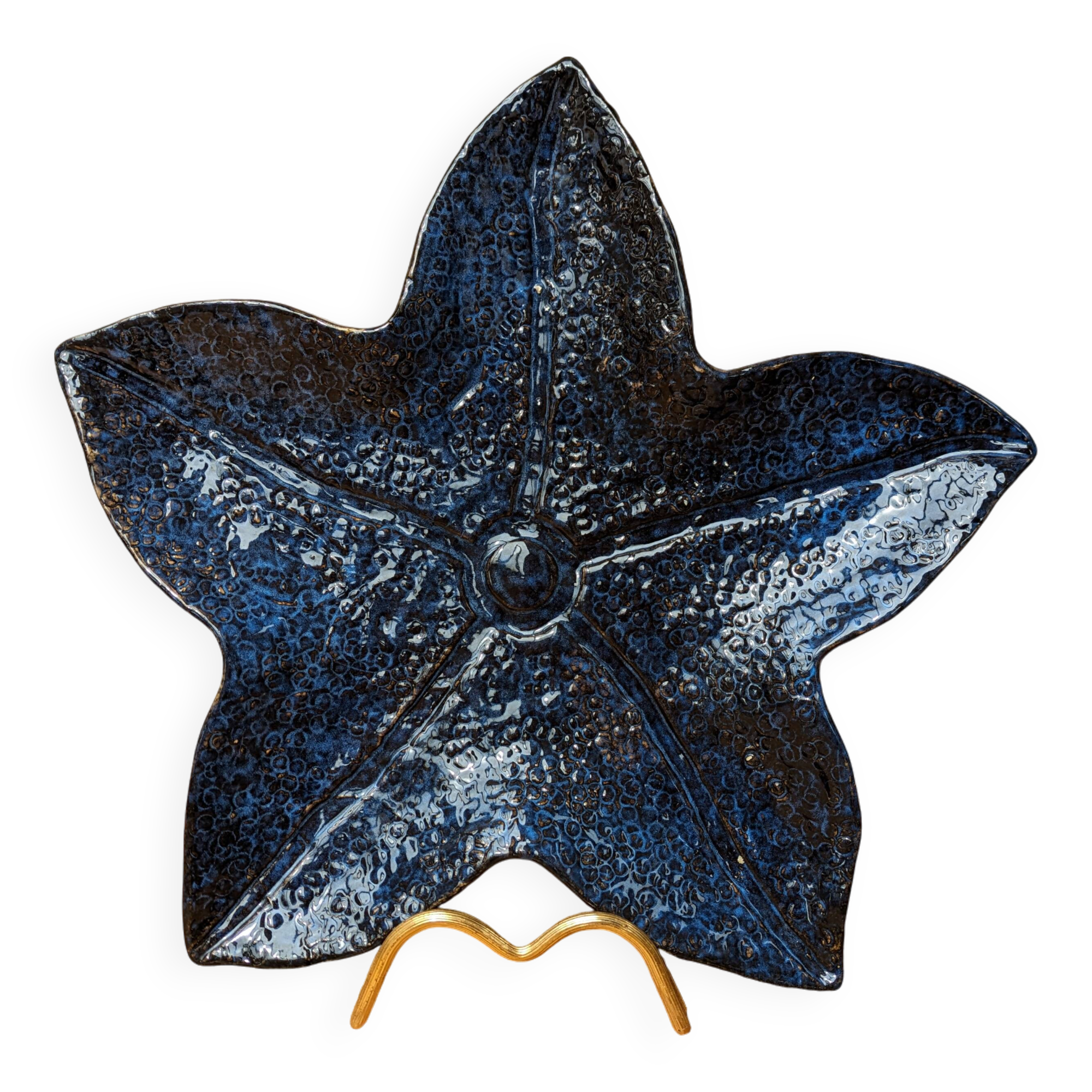 Blue ceramic starfish shaped flat plate