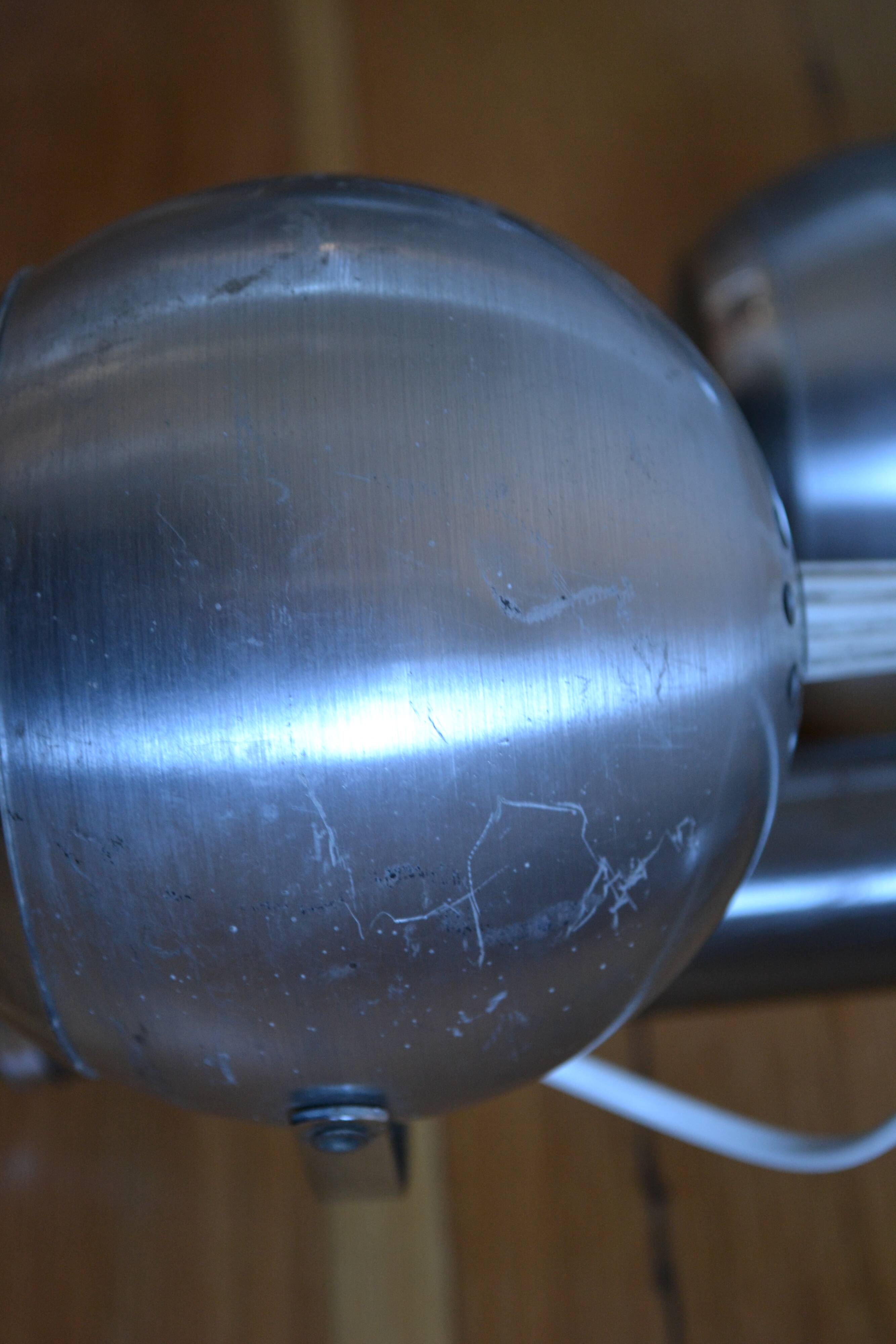 Pair of 70s space age eye ball chandeliers in brushed aluminum