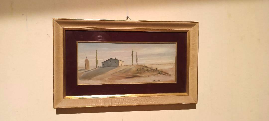 Oil painting on panel, Tuscan countryside landscape, signed