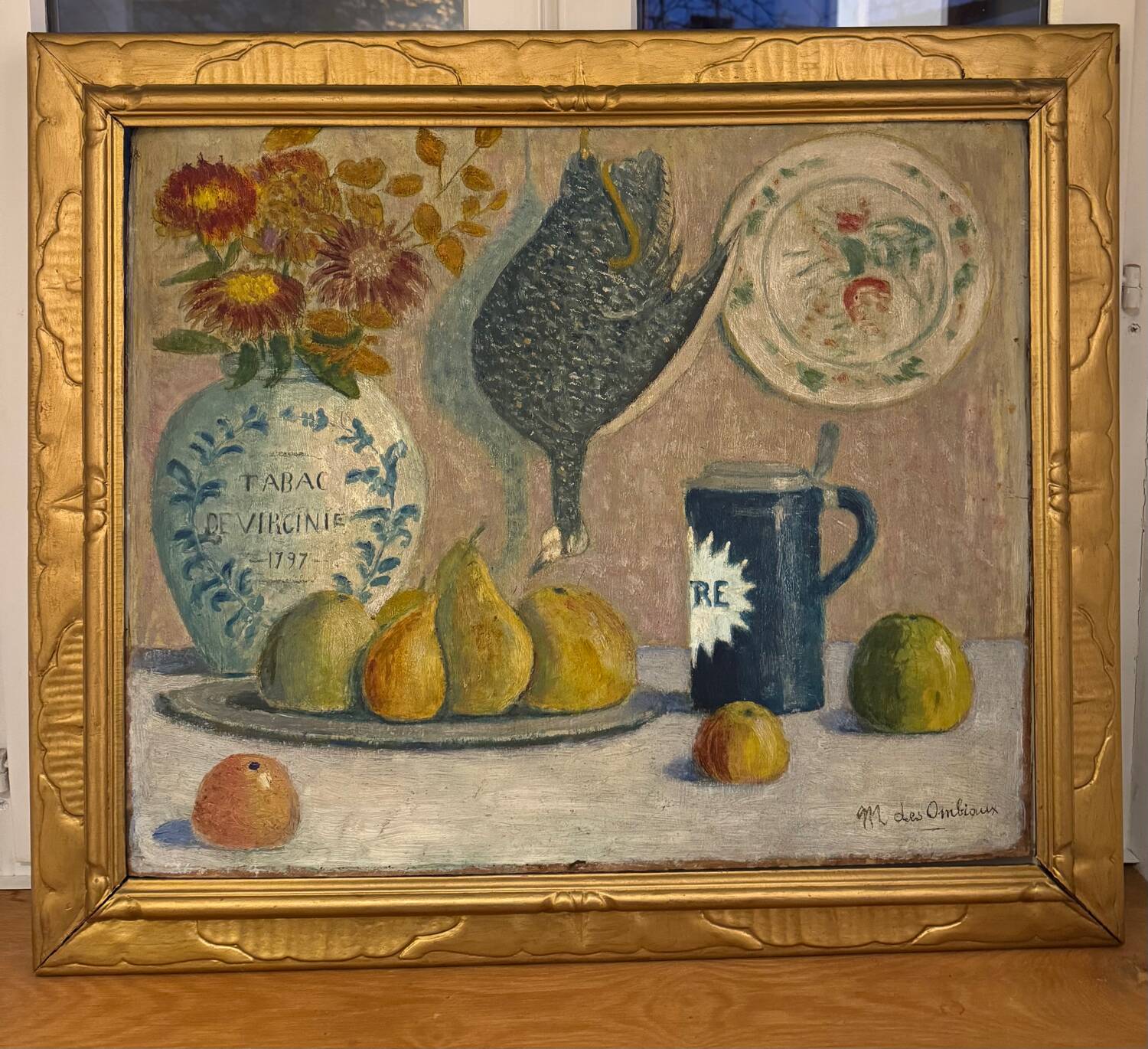Still life with fruits, flowers and pheasant signed 20th century