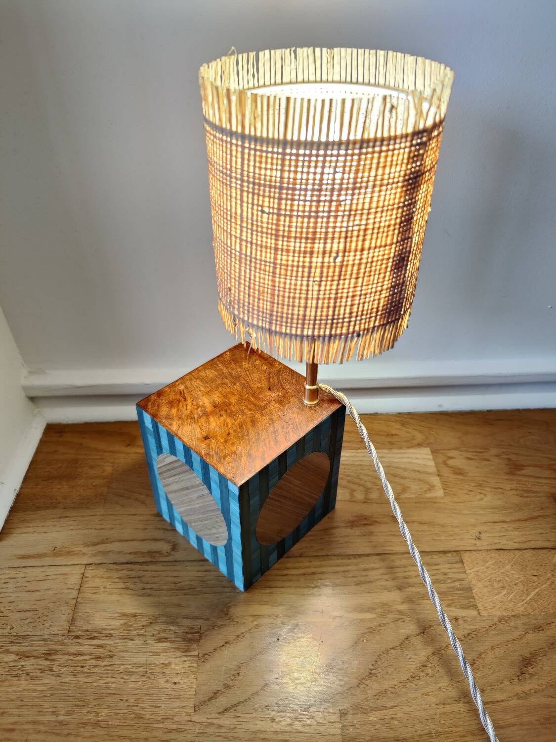 Lamp in straw marquetry and ash burl