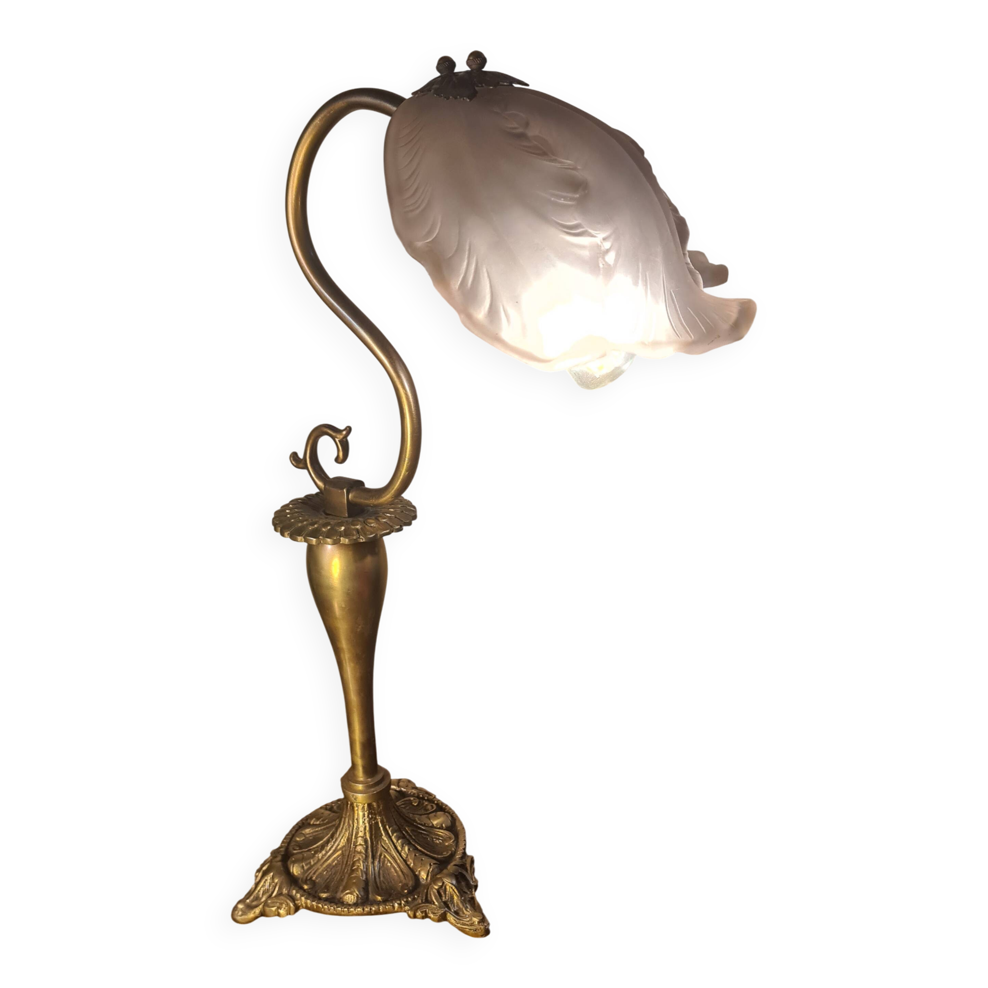antique art nouveau bronze lamp with molded glass petals 43x25 cm