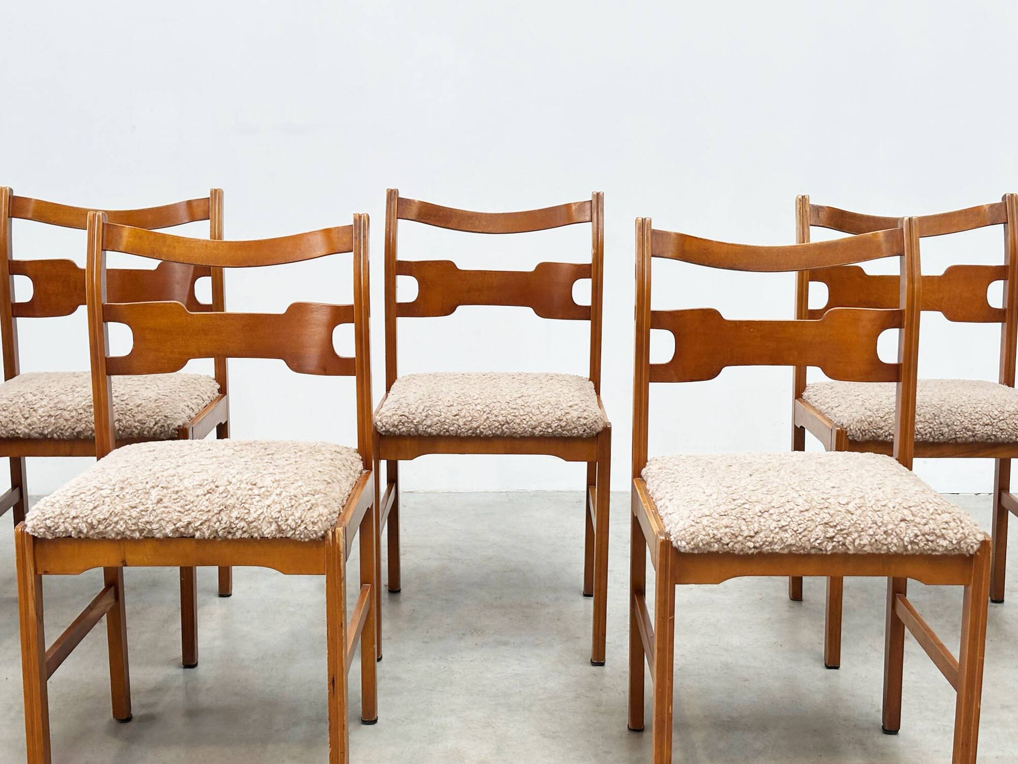 Set of six sculptural beech wood Italian dining chairs