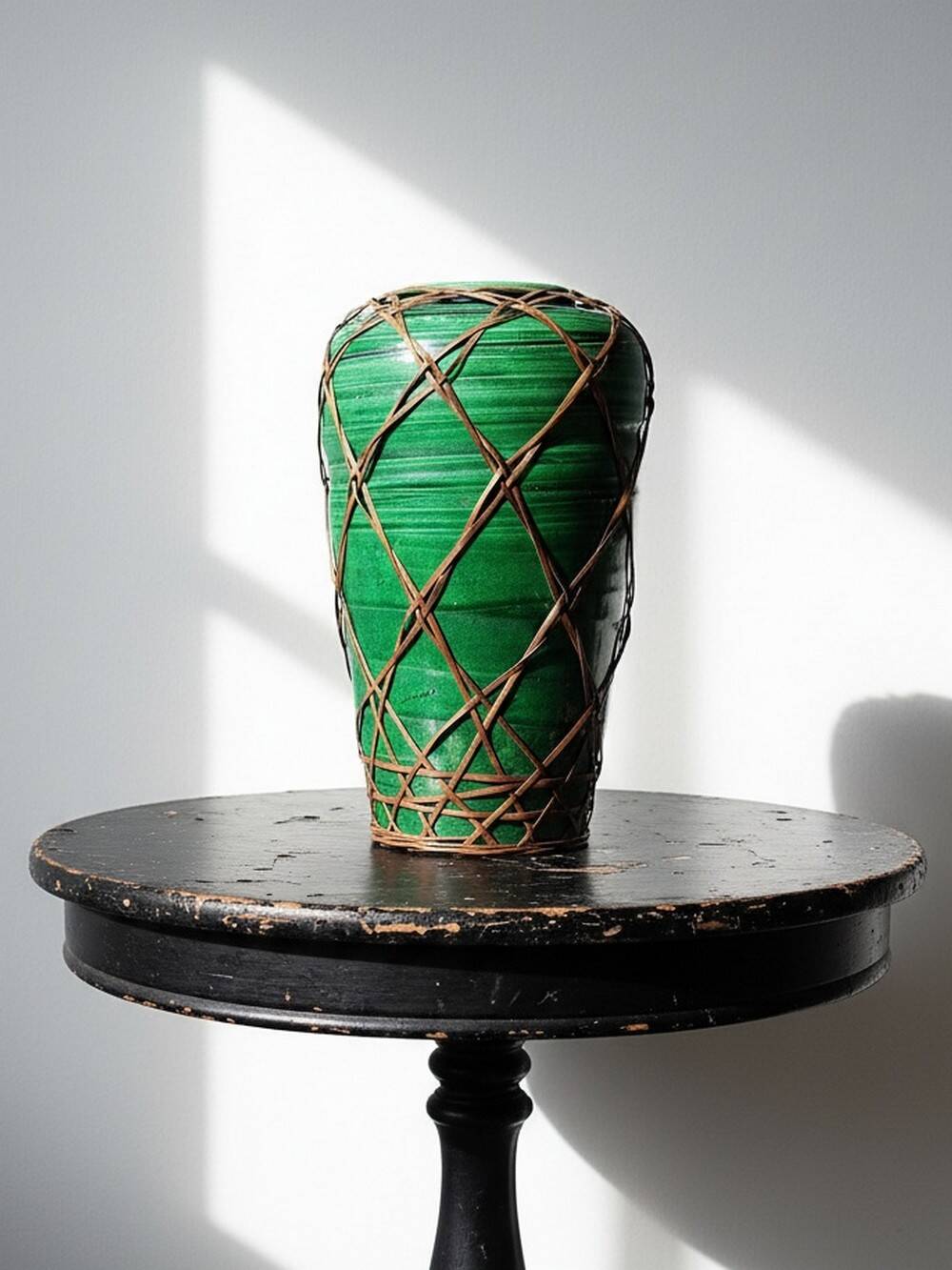 Japanese vase, green ceramic with bamboo lacing, Awaji Yaki, antique 1900-1930.