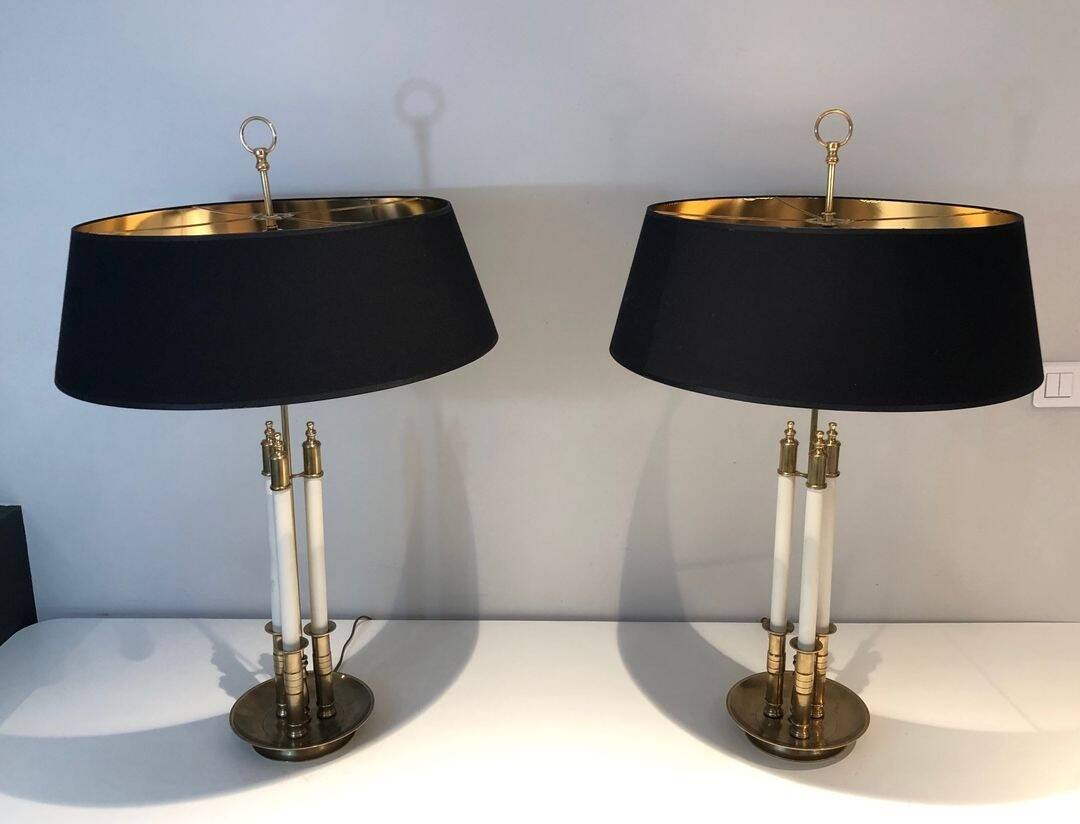 Pair of Brass and White Lacquer Table Lamps, Neoclassical Style, Tr