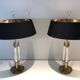 Pair of Brass and White Lacquer Table Lamps, Neoclassical Style, Tr