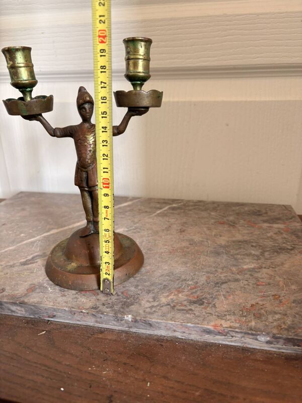 Ancien Bougeoir Chandelier Bronze Cuivre Doré Soldat