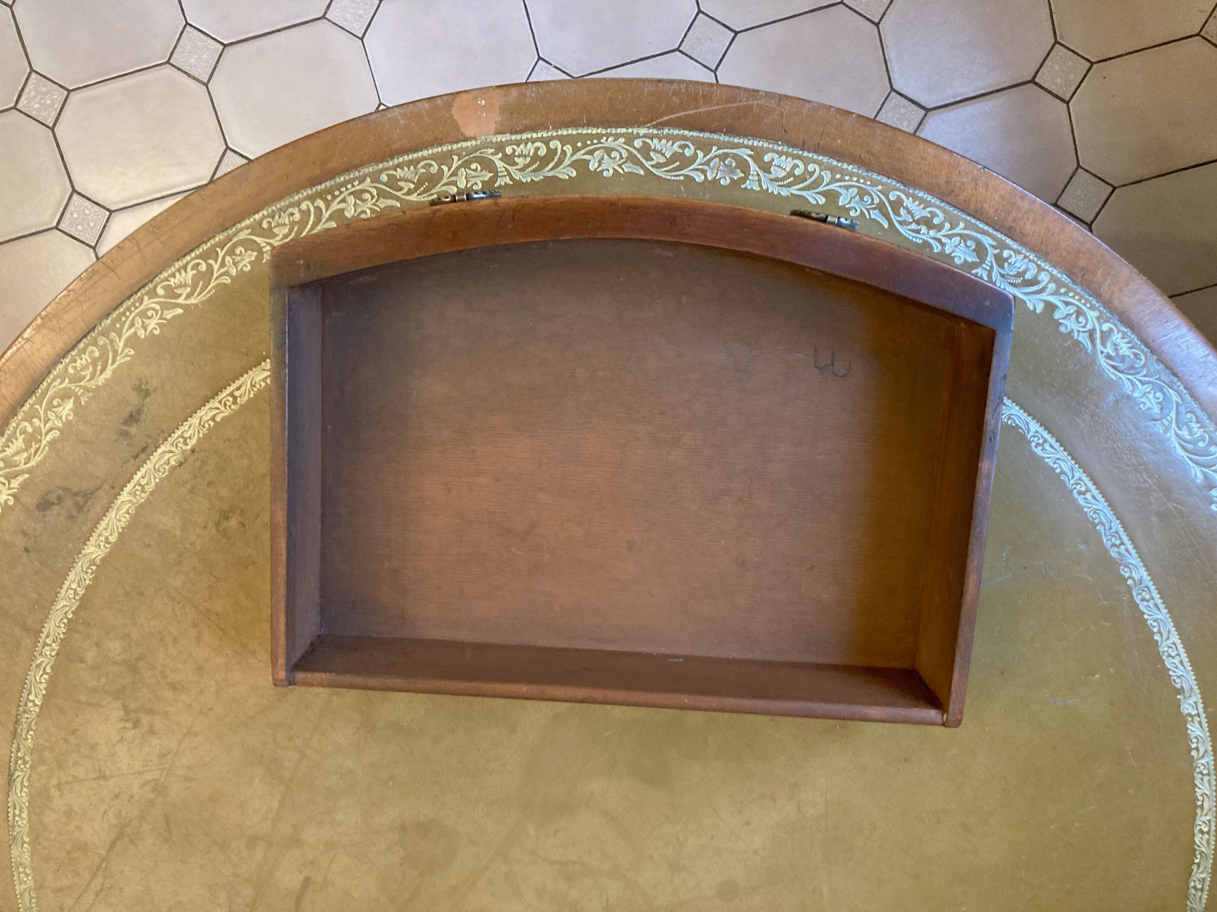 Old drum table 1900 cherry leather and brass
