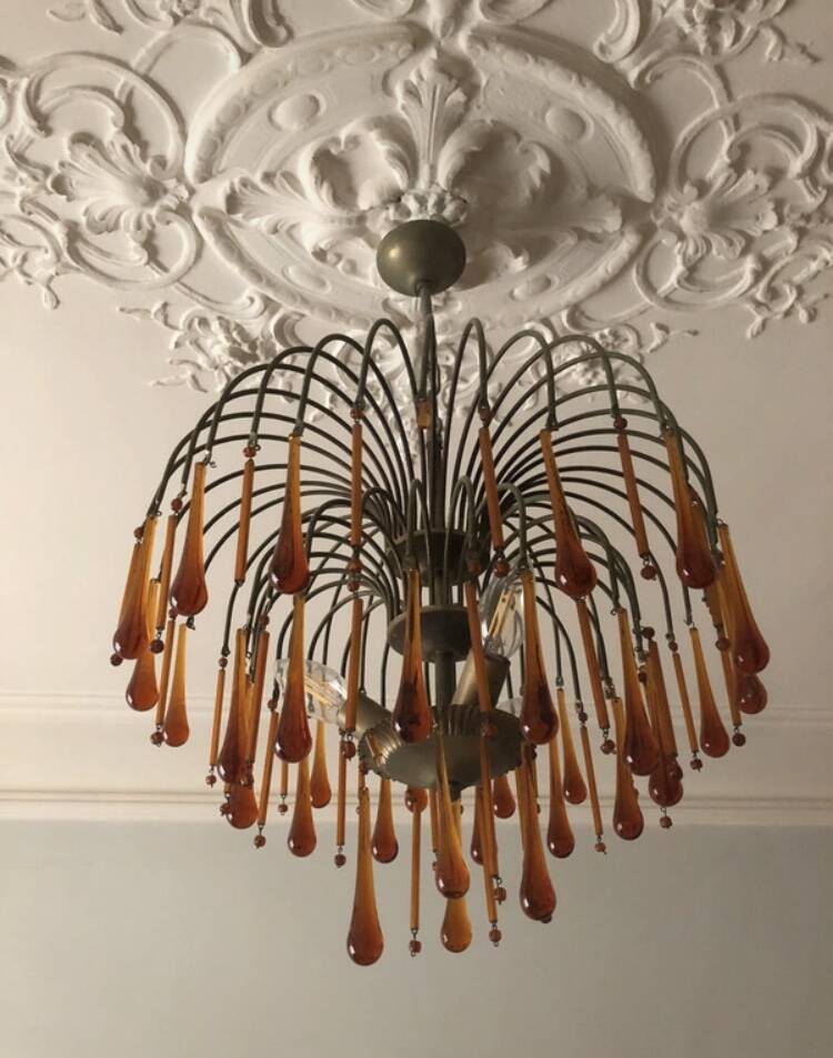 Vintage 1970s brass and Murano glass chandelier