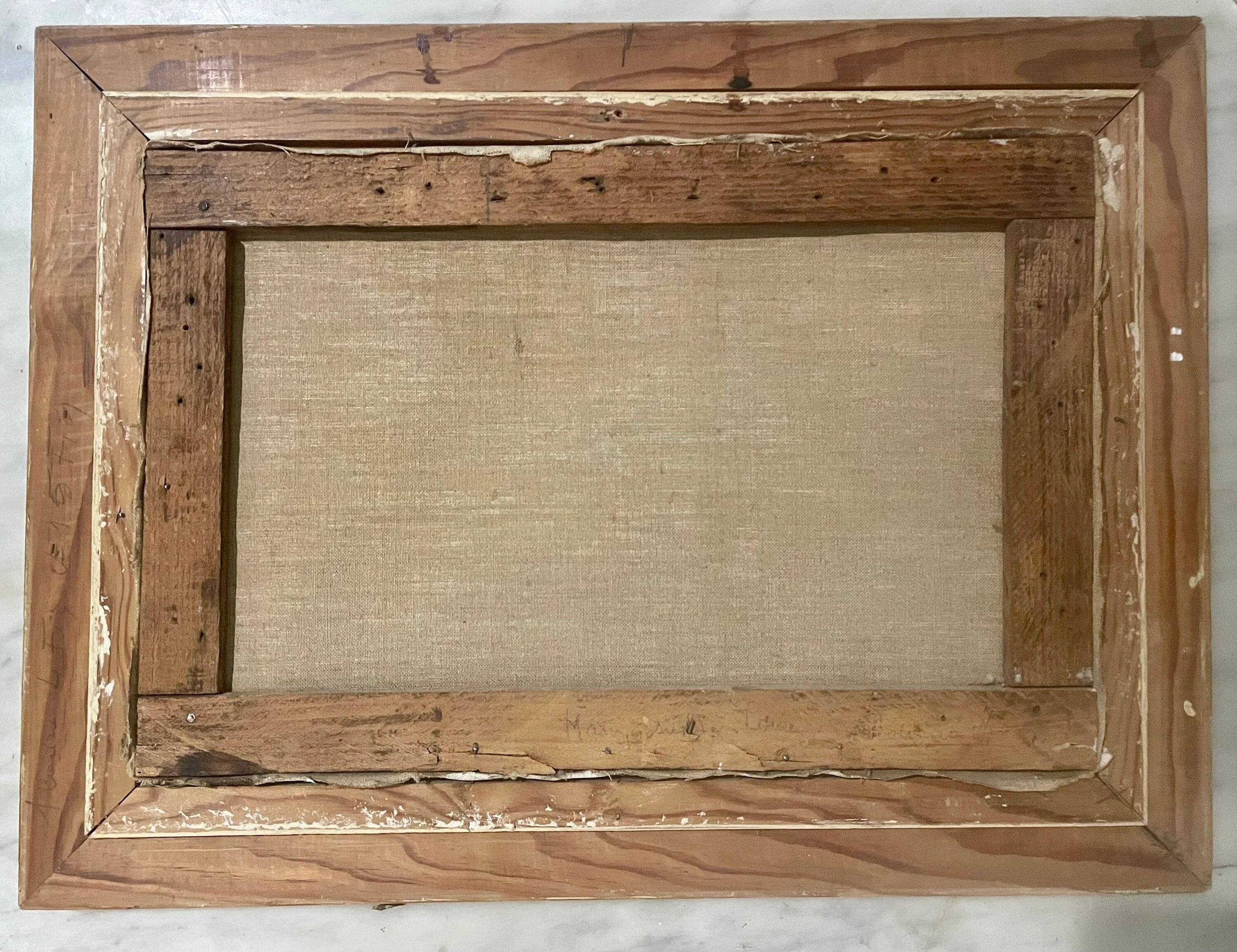 Old oil painting village river landscape canvas with wooden frame