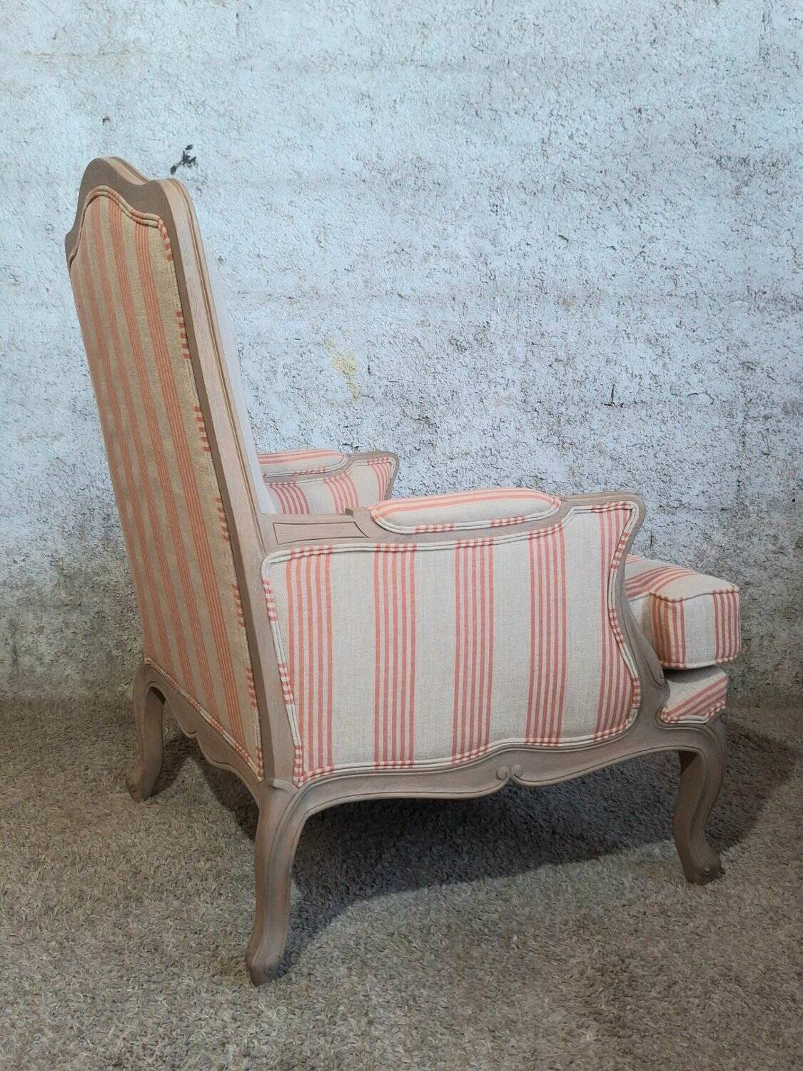 Louis XV bergère style, cerused, reupholstered in coral striped linen – Very good condition.