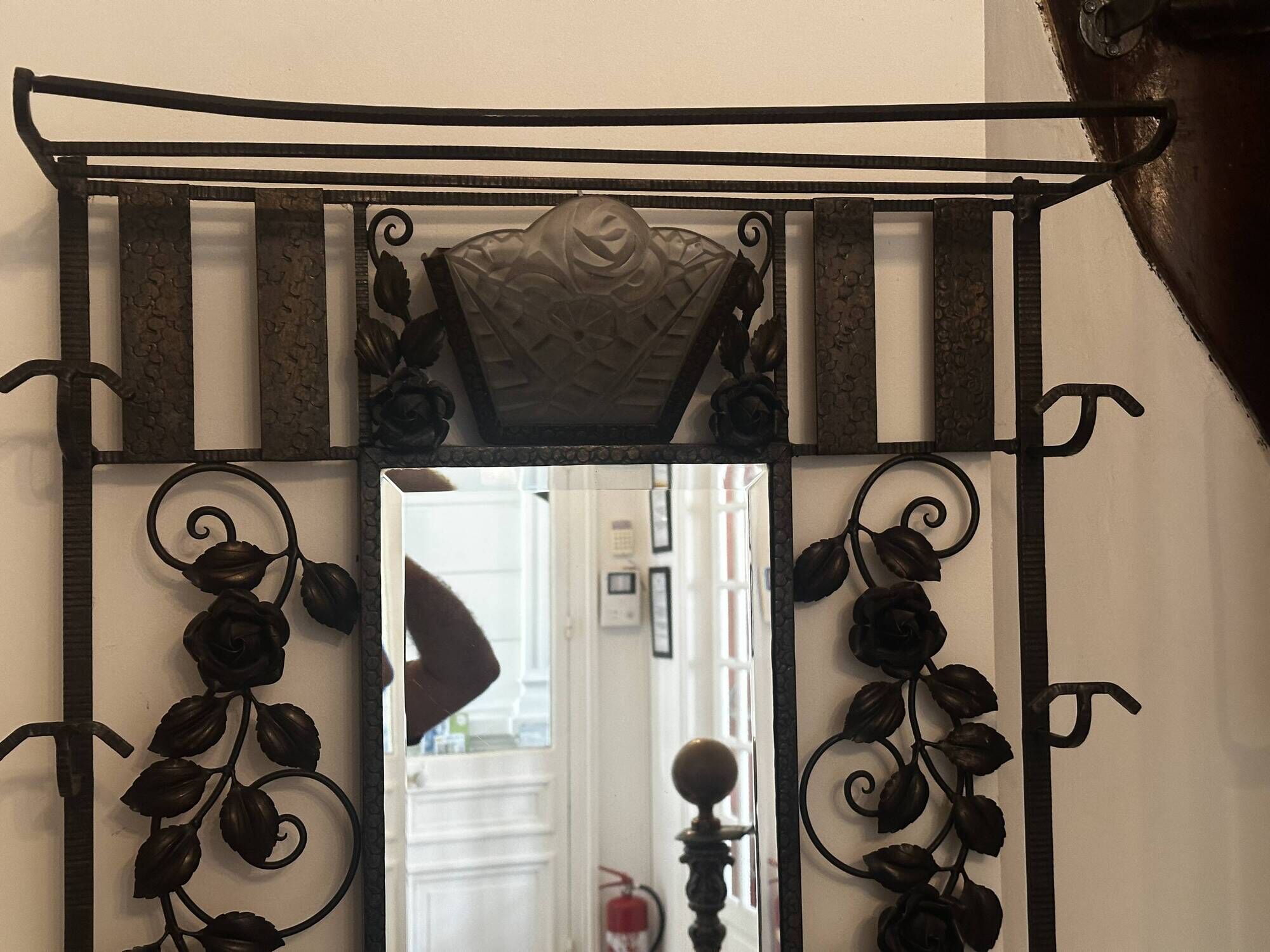 Art deco wrought iron coat rack and Degue lamp