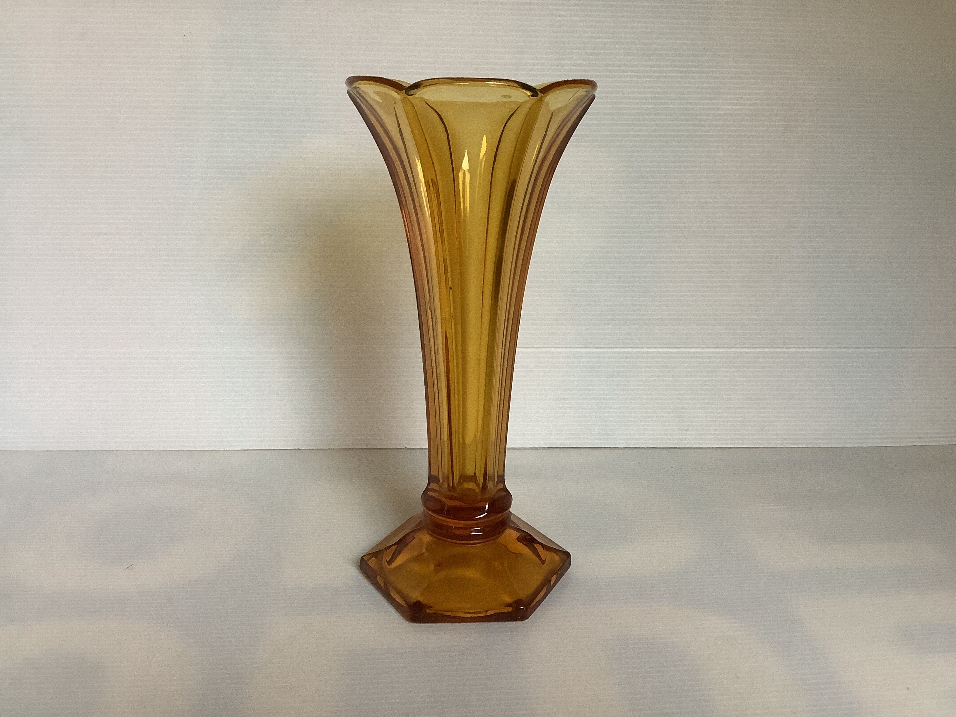 Old flower-shaped vase, moulded yellow glass, Art Deco.