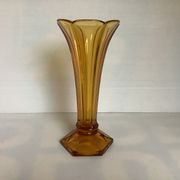 Old flower-shaped vase, moulded yellow glass, Art Deco.