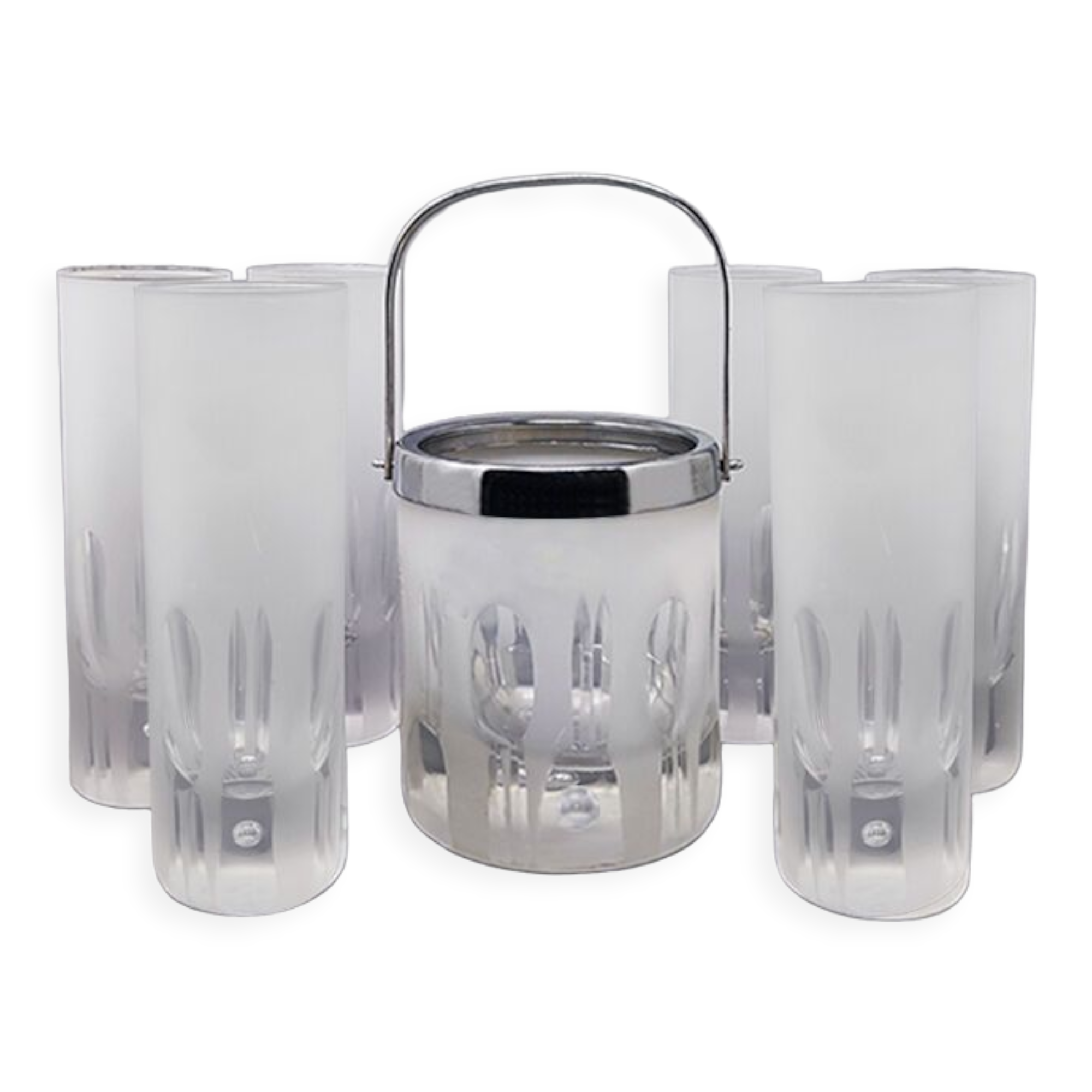 Ice Bucket with 6 Glasses in Hand Cut Lead Crystal by Kristal. Made in Italy 1960