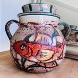 Grand pot en céramique décor poisson – pièce artisanale peinte à la main