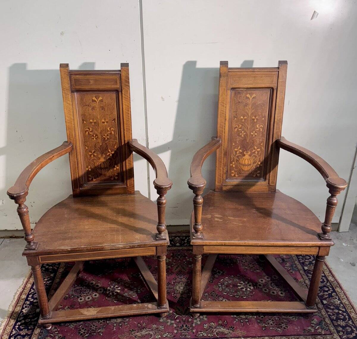Pair of Renaissance style armchairs in walnut and marquetry.