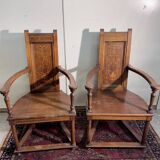 Pair of Renaissance style armchairs in walnut and marquetry.