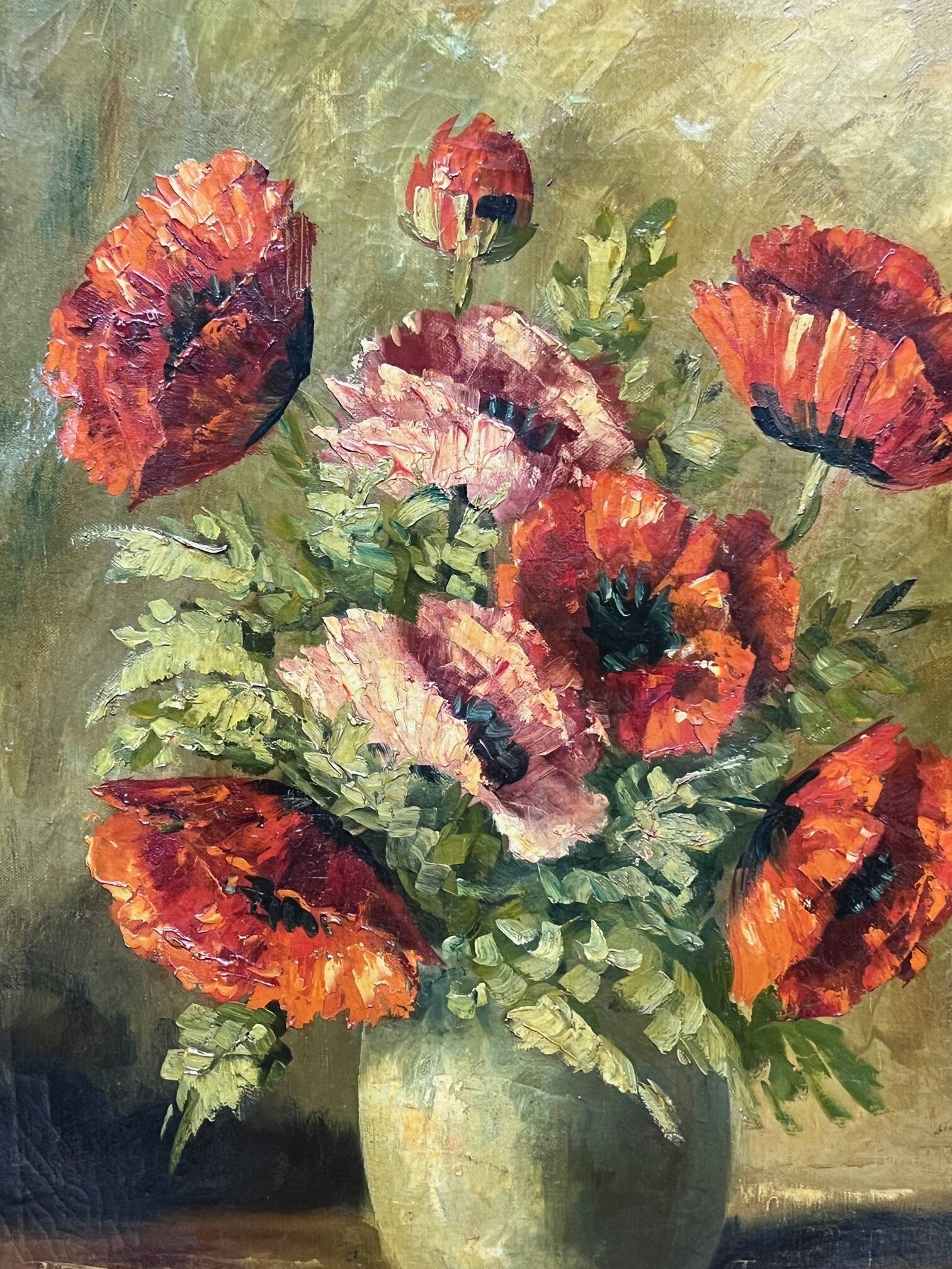 H.J. van Wijngaarden (1906–1986). Antique still life with poppies in a beautiful baguette frame.