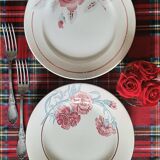 Old mismatched earthenware dinner plates accompanied by a deep dish