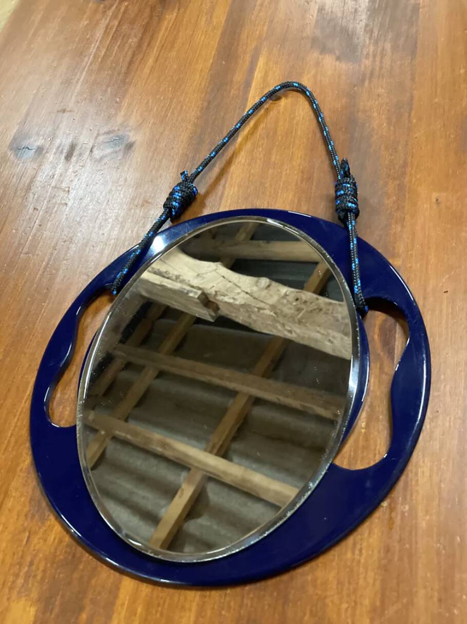 Small round wall mirror in dark blue bakelite 1960