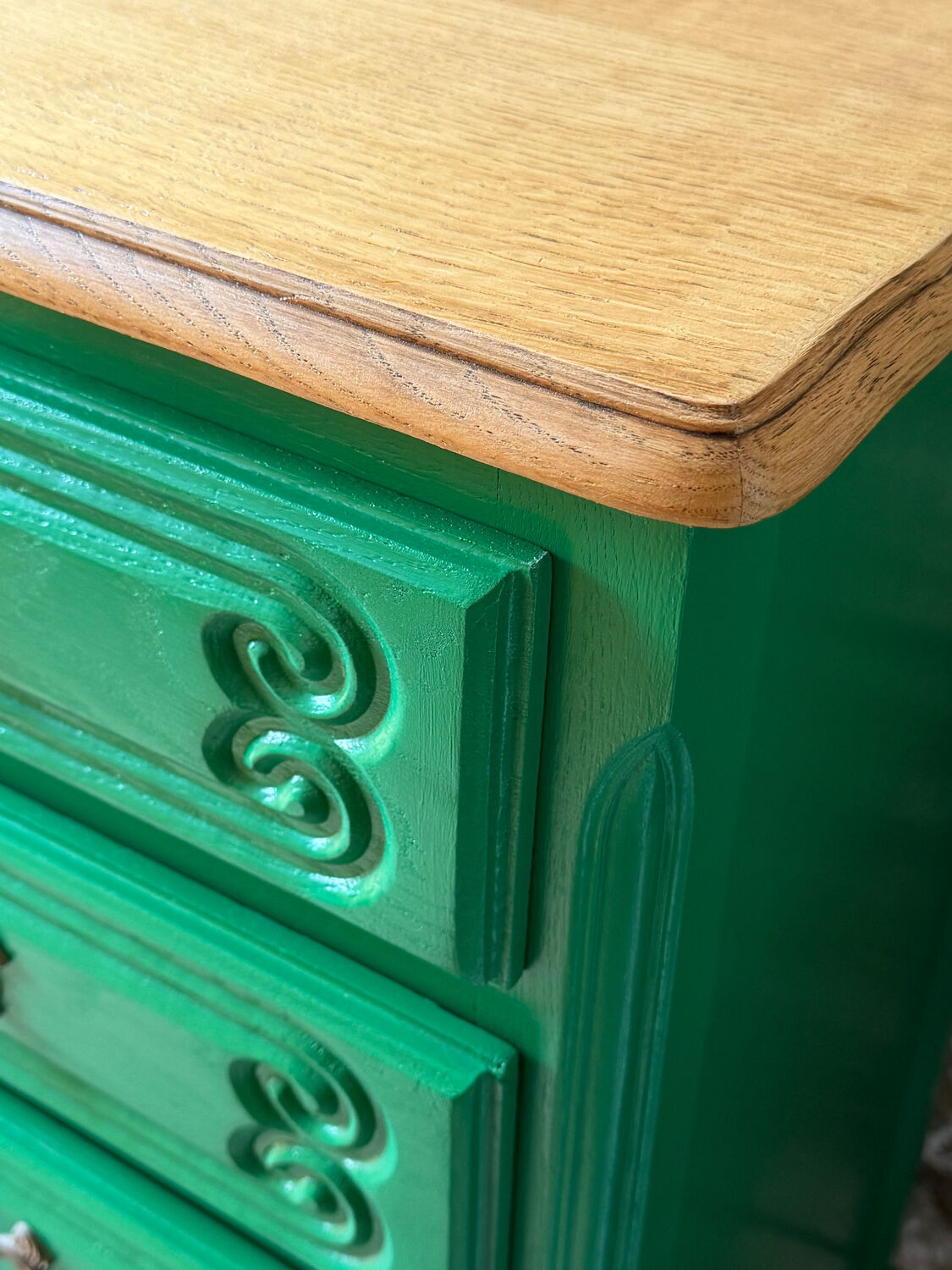 Vintage green oak chest of drawers from the 1960s.