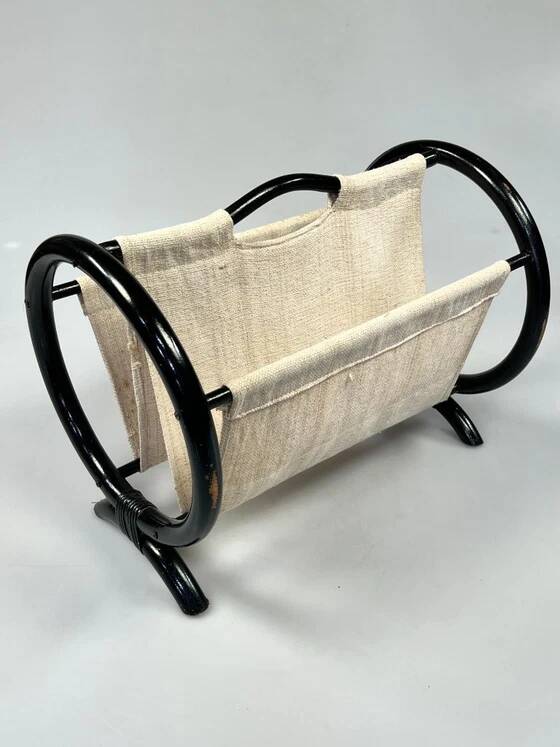 Vintage Round Magazine Rack / Reading Basket, Black Rattan, 1970's