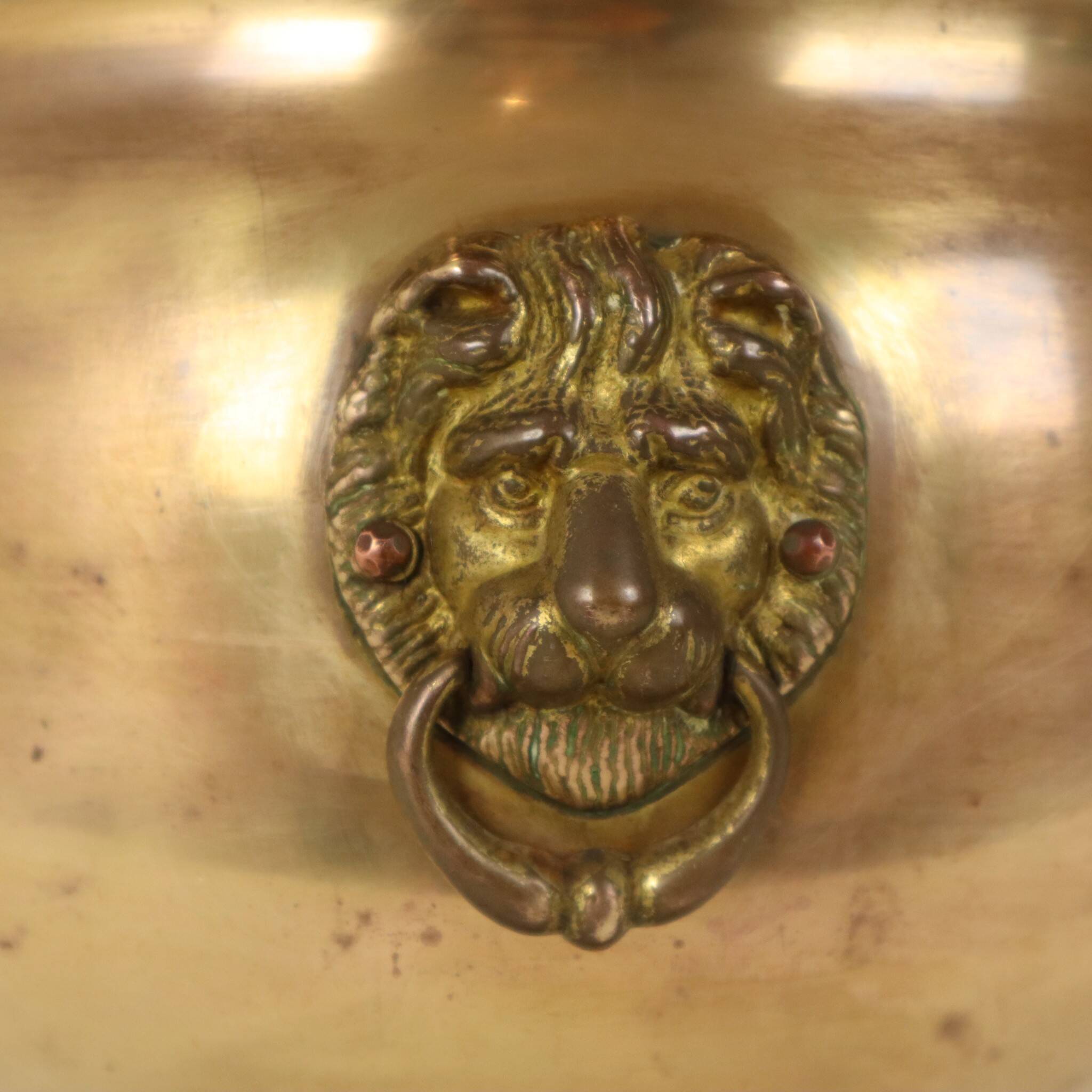 Antique Brass Jardinière Plant Pot with Lion Heads, Early 20th Century