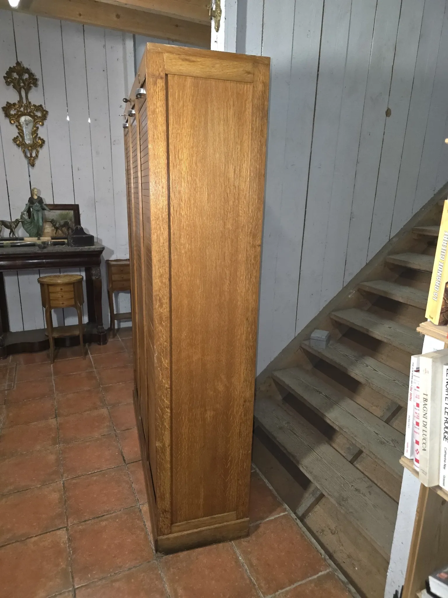Vintage oak three-panel curtain cabinet