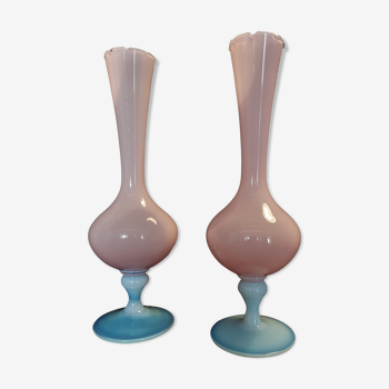 Paire de vases vintage en verre opalin et opalescent années 60