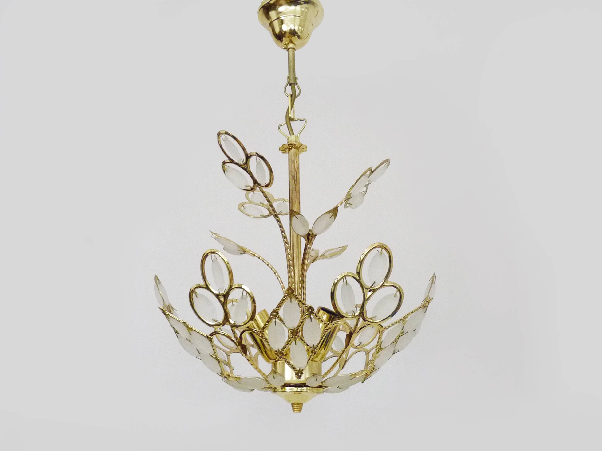 Antique 3-light floral pendant light in gilded metal with glass pendants. 80s