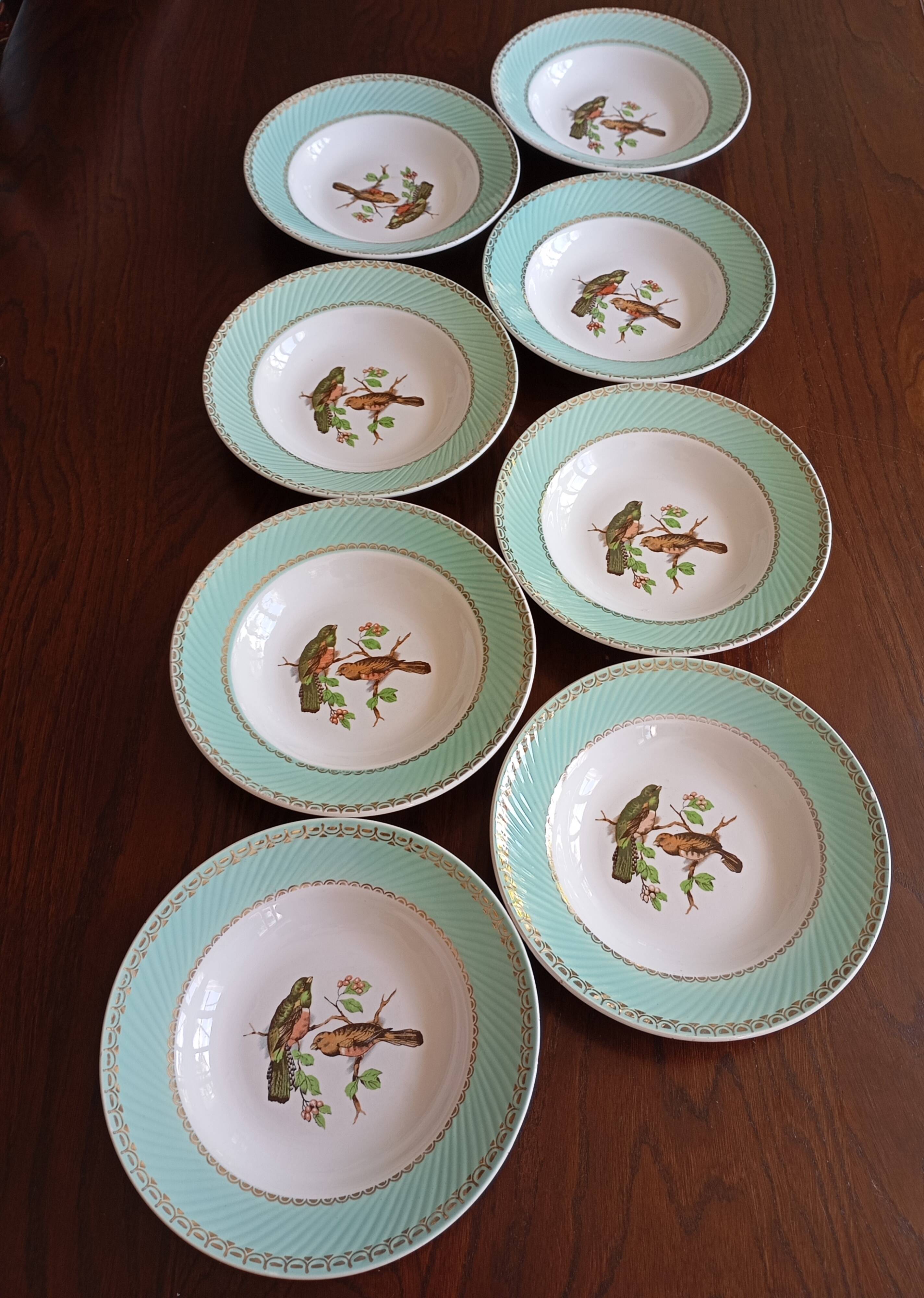 8 soup plates Fenal Badonviller "Birds" vintage 1950s