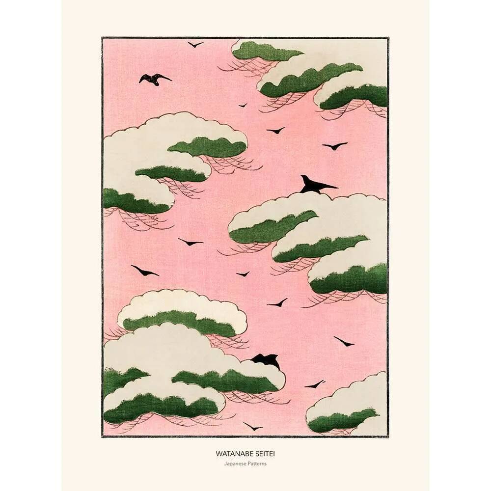 Japanese motif Watanabe Seitei pink clouds and flying birds