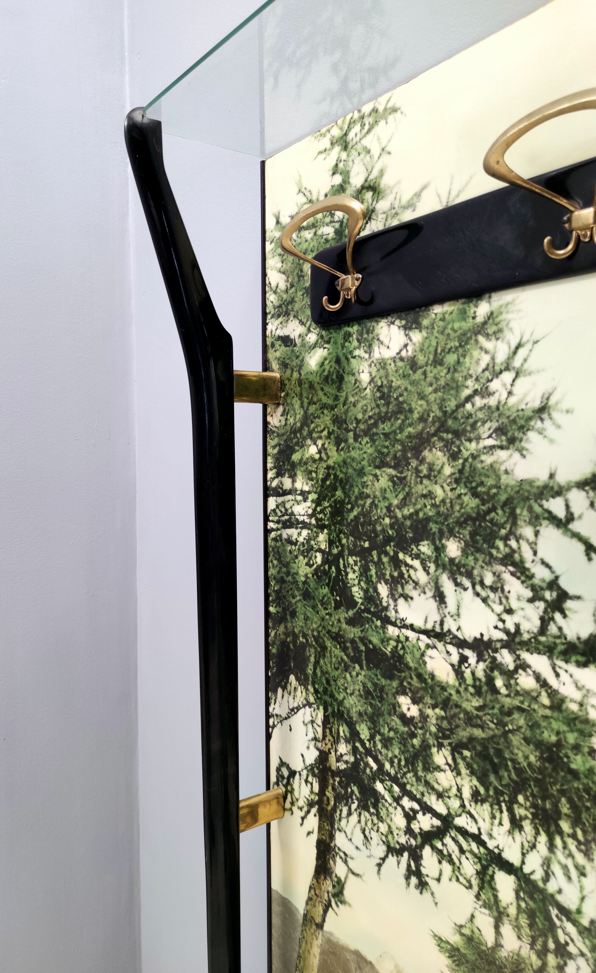 Vintage Ebonized Beech, Brass and Glass Coat Rack with a Landscape, Italy