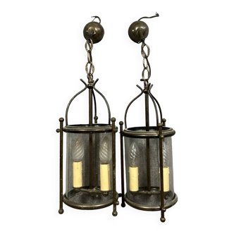 Très belle paire de lanternes Vintage en laiton doré et verre circa 1940-1950  2 lumières chacune