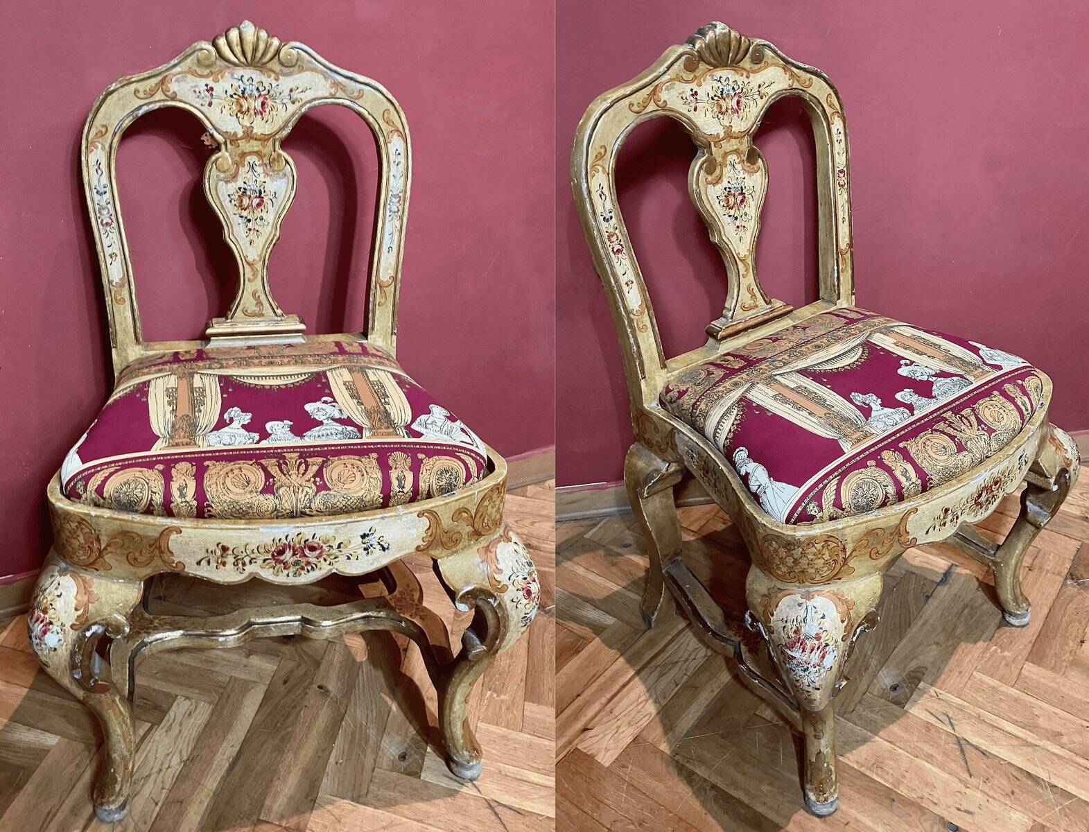Venetian Lacquered Rococo-Style Armchairs with Hand-Painted Floral Décor and Theater-Inspired Upholstery, Set of 2