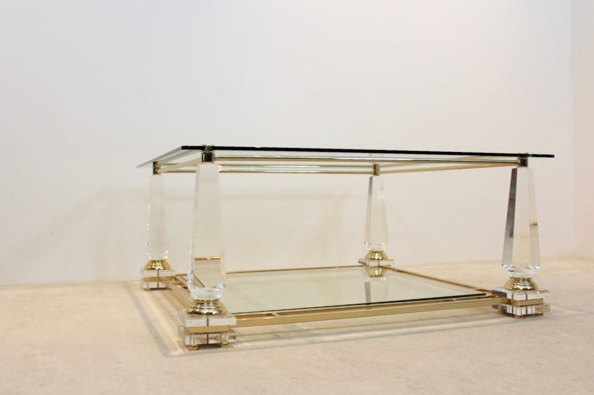 Extraordinary Lucite, Brass and Glass Obelisk Coffee table, 1970s