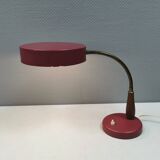 Table lamp in aubergine coloured metal, brass bend and teak wood 1960-70s