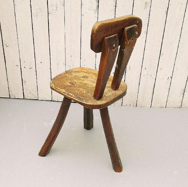Vintage brutalist wooden tripod chair