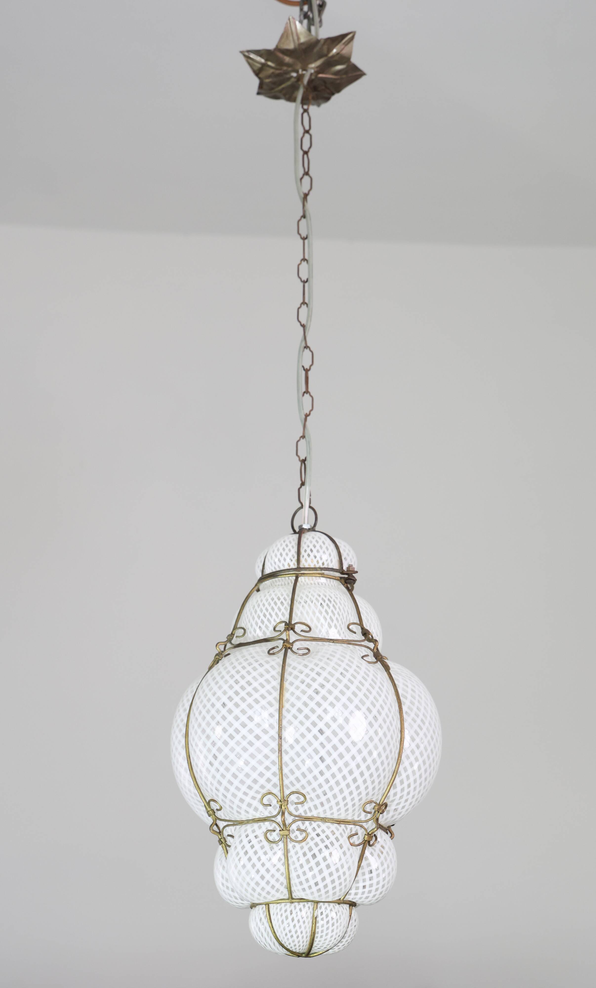 Amazing Large Venetian Lantern in Murano Reticello Glass, 1940s