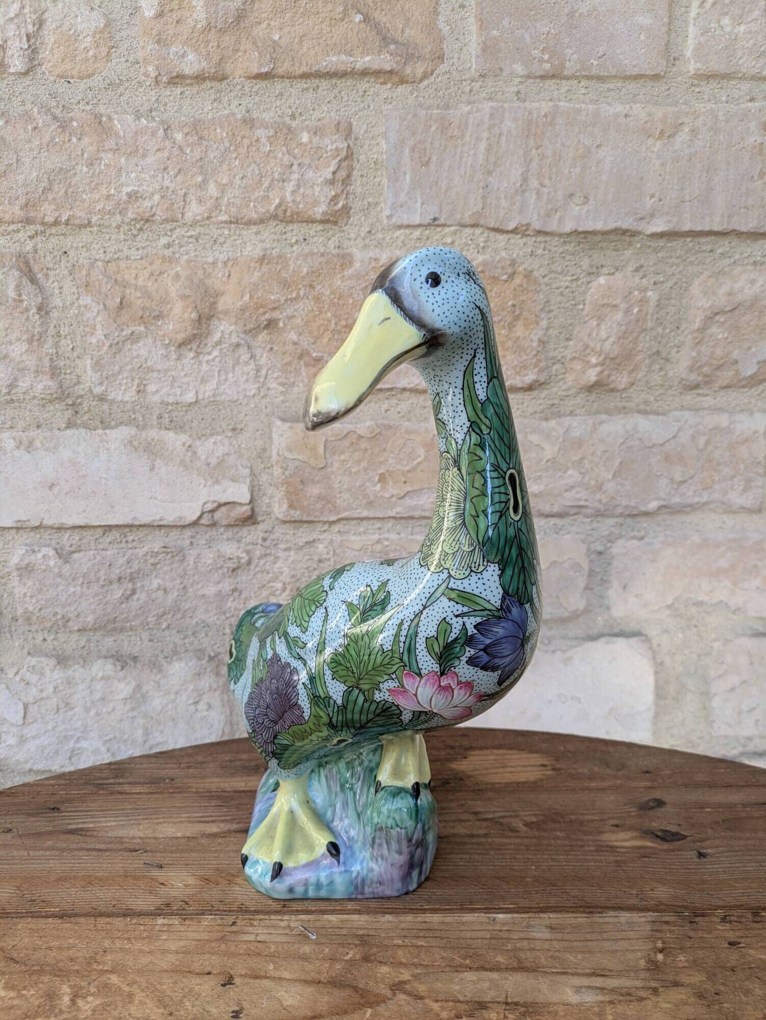 Very beautiful polychrome decorative duck cane statue in Porcelain from Par