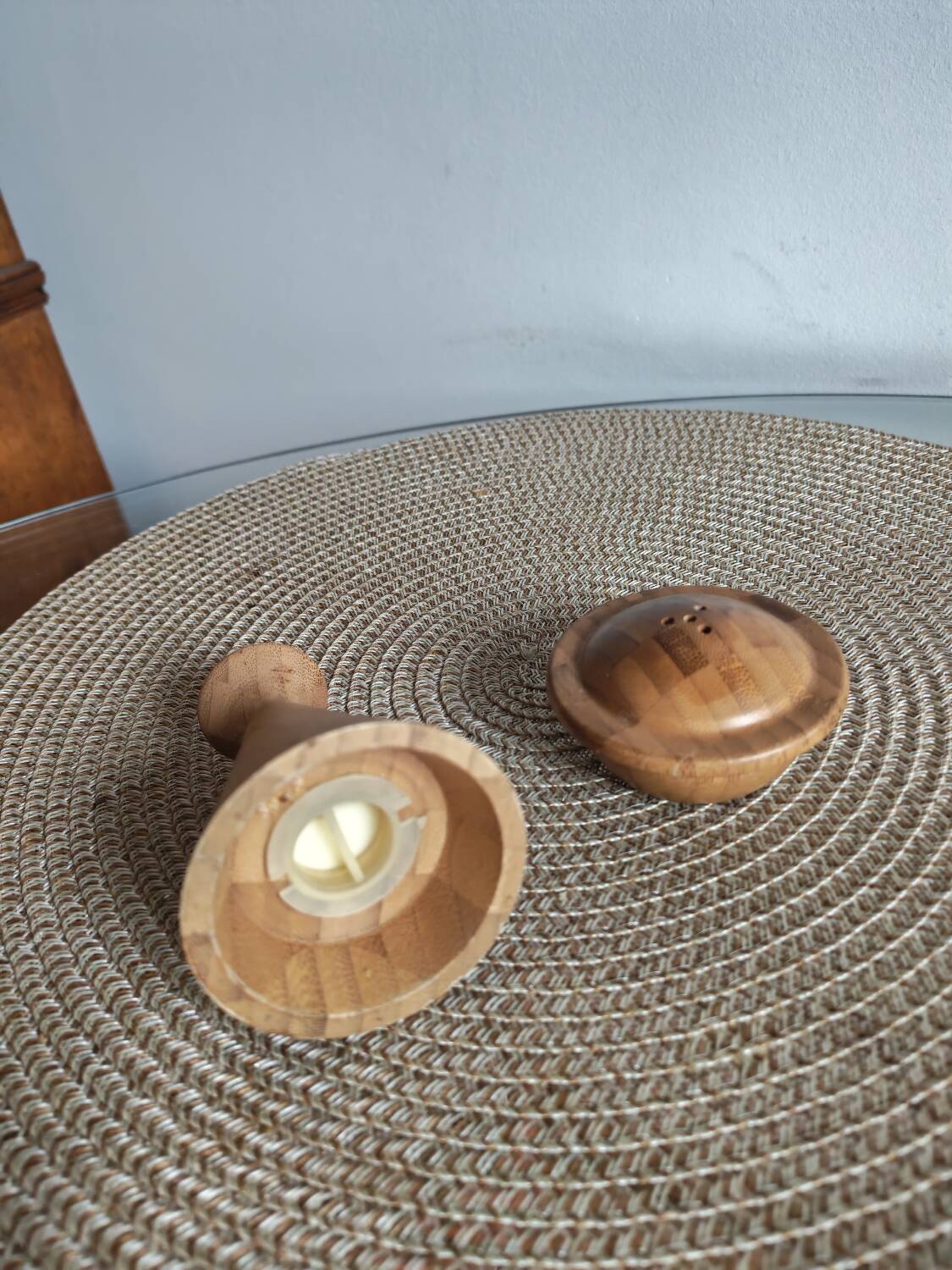 Set of wooden condiment pots