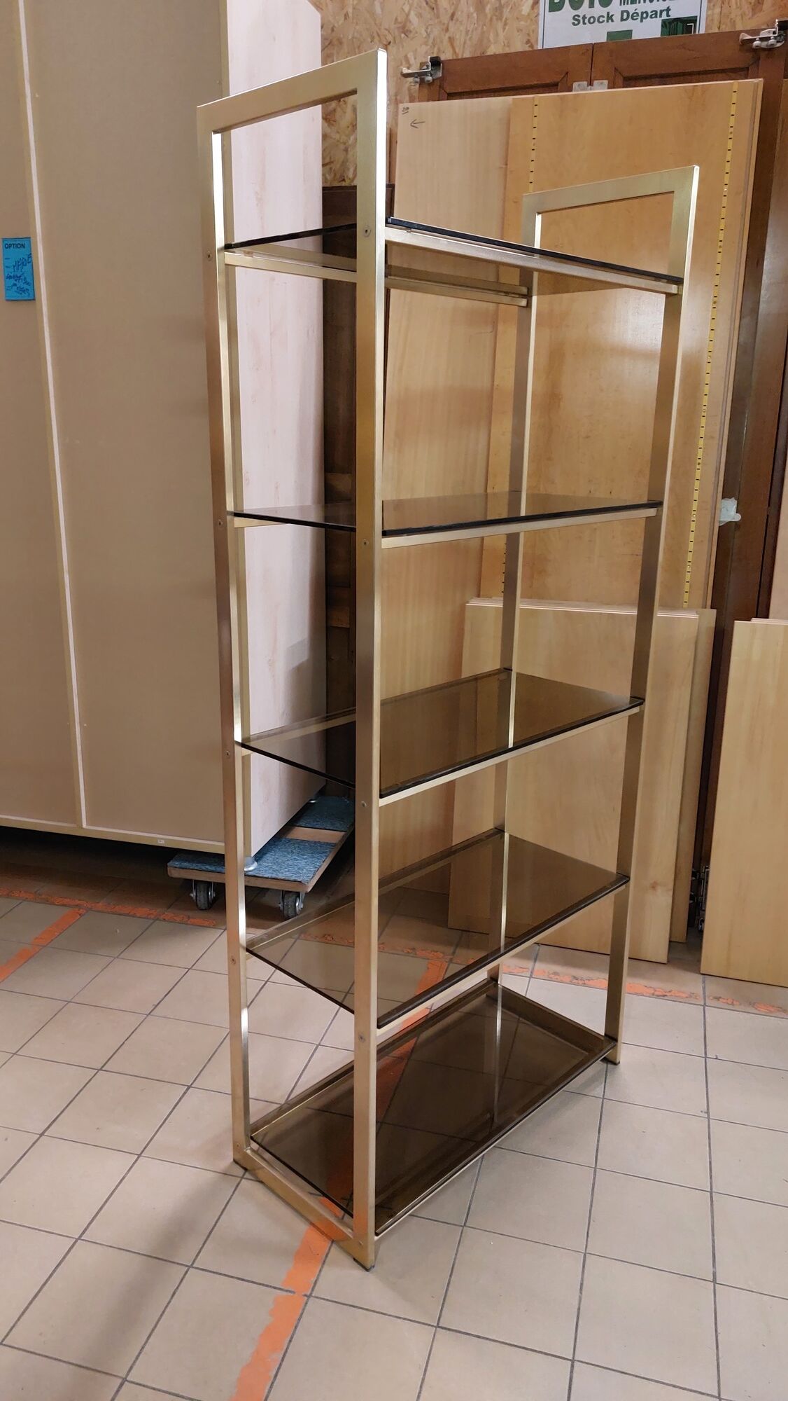 Vintage shelf in smoked glass and golden brass - 1970s