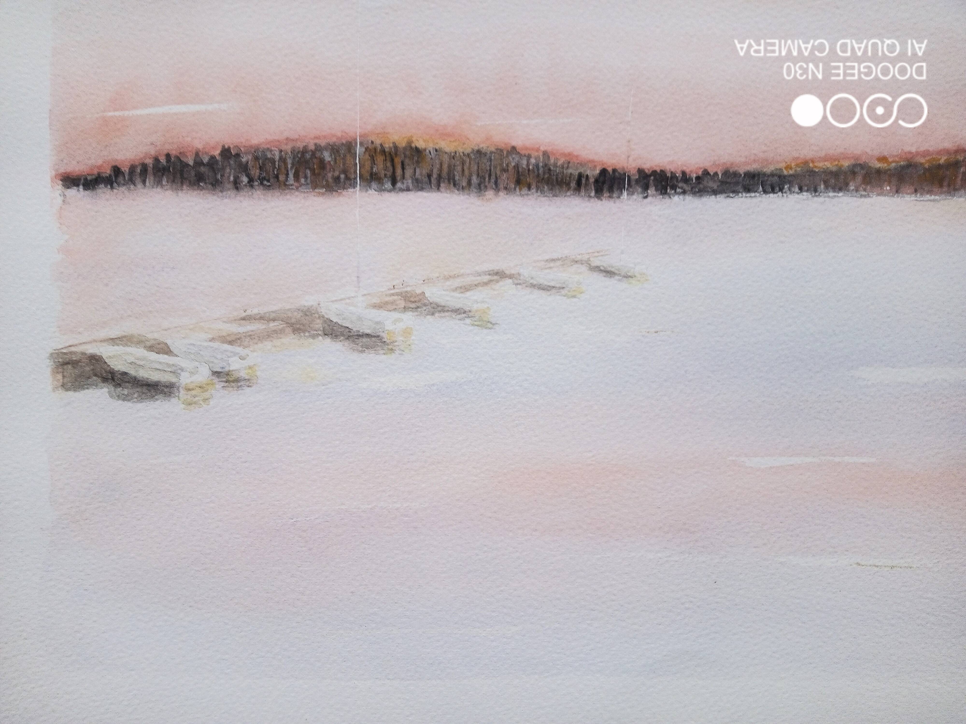 Watercolor on paper - sunset on a beach with boats, framed, signed B. Ernewein