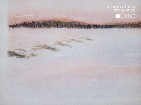 Aquarelle sur papier - couché de soleil sur une plage avec barques, encadrée, signée B. Ernewein